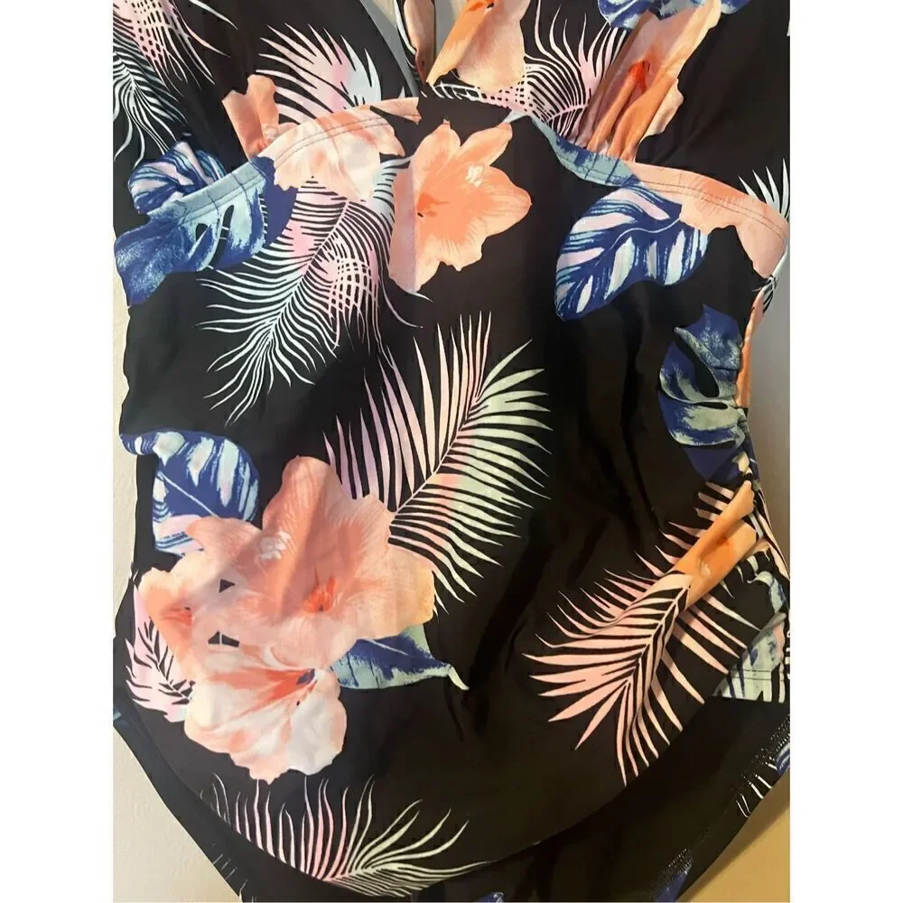 DKNY Women’s Size Large One Piece Tummy Control Halter Swimsuit Black Floral - Picture 5 of 7